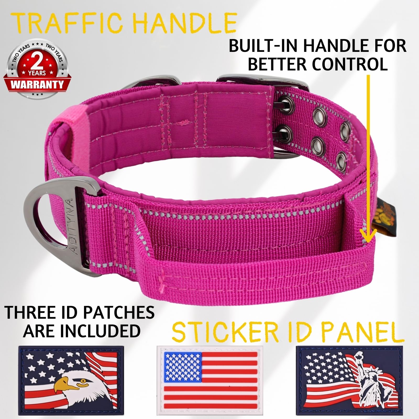 Adityna Heavy Duty Dog Collar For Medium Dogs - Reflective Magenta Collar With Handle For Training, And Walking - Wide, Thick, T